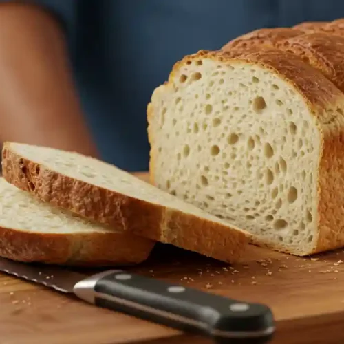 Pain de mie maison moelleux, fraîchement tranché sur une planche en bois avec un couteau à pain.