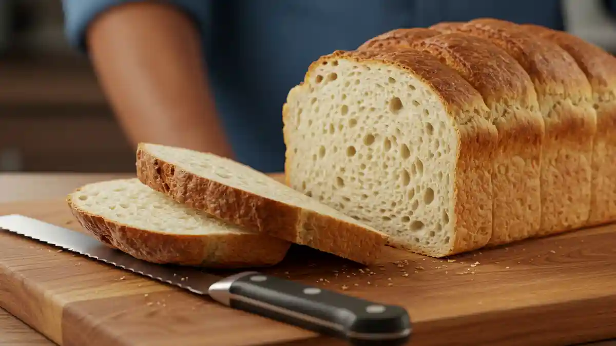 Pain de mie maison moelleux, fraîchement tranché sur une planche en bois avec un couteau à pain.