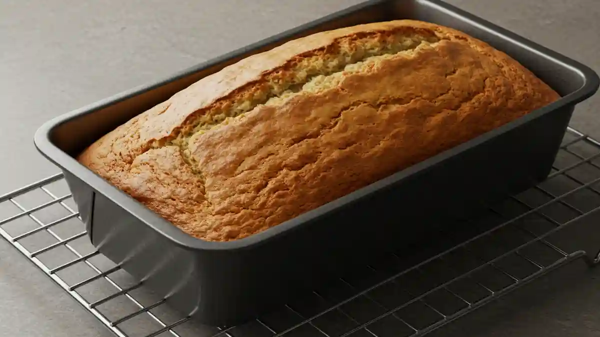 Banana bread doré et moelleux dans un moule à cake noir, posé sur une grille de refroidissement.