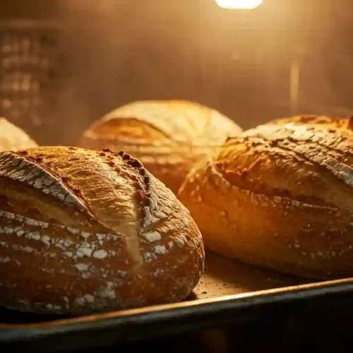 pain doré avec une croûte croustillante cuisant au four, éclairés par une lumière chaude.