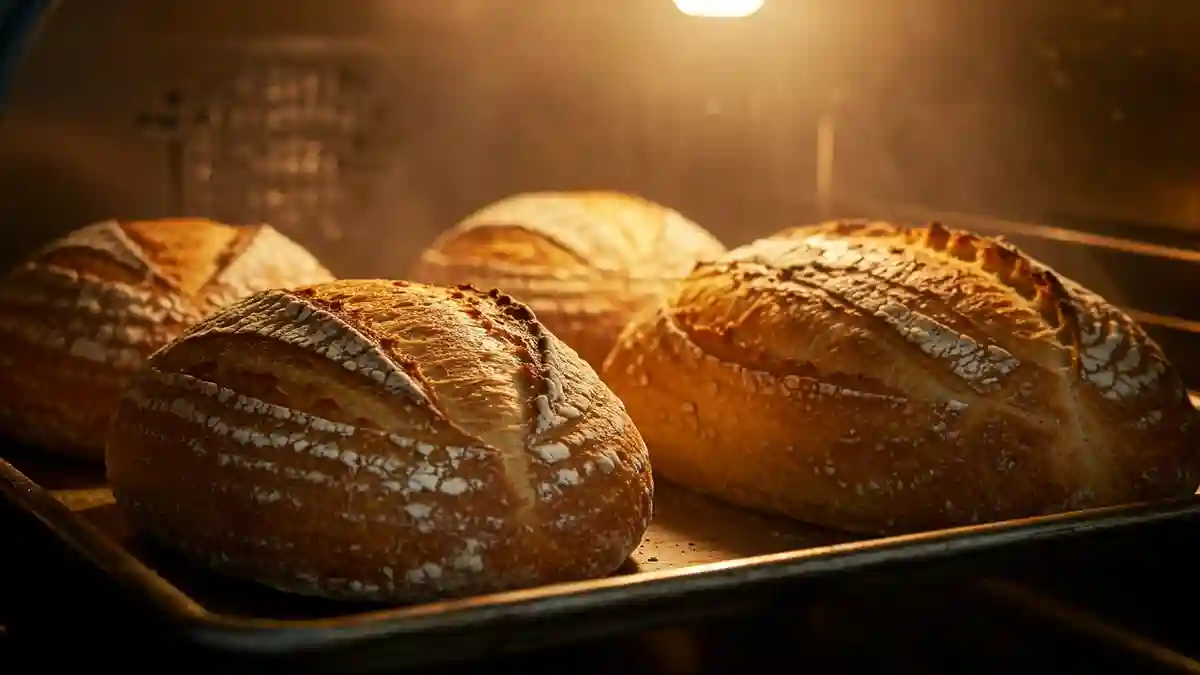 pain doré avec une croûte croustillante cuisant au four, éclairés par une lumière chaude.