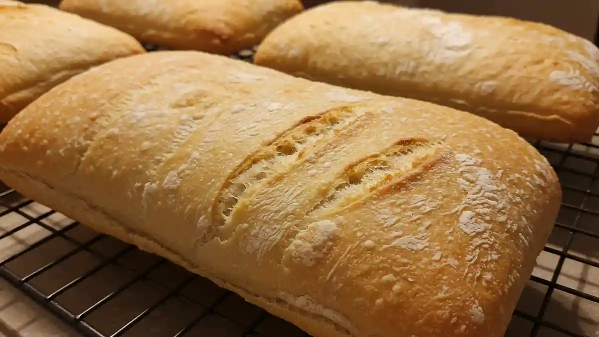 Pain ciabatta maison doré et croustillant sur une grille de refroidissement.