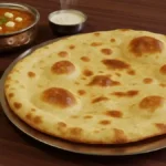 Pain naan doré et moelleux servi sur une assiette avec une sauce curry aux pois chiches et une sauce blanche dans un bol.