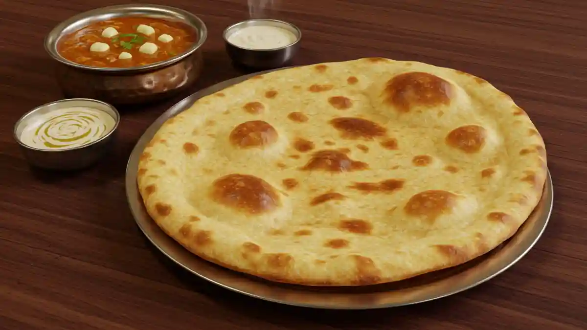 Pain naan doré et moelleux servi sur une assiette avec une sauce curry aux pois chiches et une sauce blanche dans un bol.