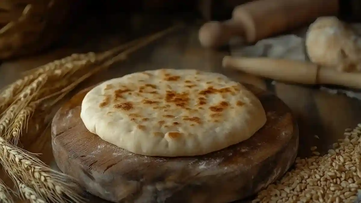 Pain pita maison fraîchement cuit sur une planche en bois.