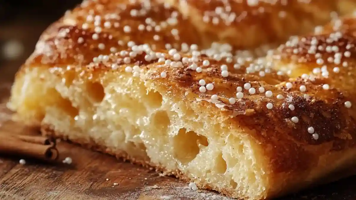 Pain à la Grecque doré saupoudré de sucre perlé sur une planche en bois.